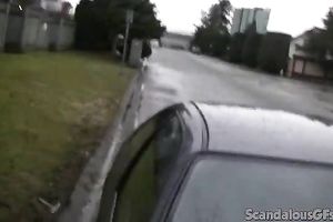 Pale skin redhead slutwife blowing large weenie in the woods