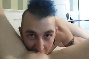 Young excited stud licking and engulfing bald wet crack on POV movie