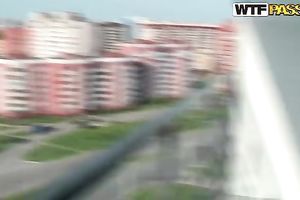 Magnificent brunette hair Russian legal age teenager gives head on the balcony