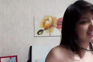 Dark haired eye catching hot playgirl with large titties was willing for some solo