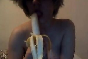 Stunning large breasted sexpot was eating banana and masturbated