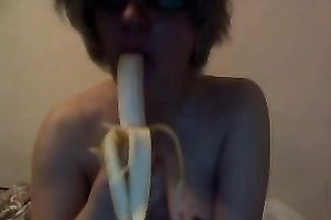 Stunning large breasted sexpot was eating banana and masturbated