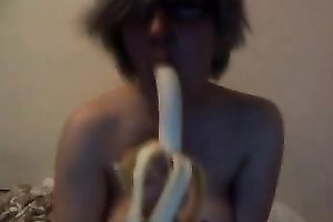 Stunning large breasted sexpot was eating banana and masturbated