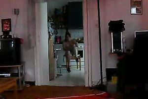 My fat breasty brunette hair wife walking topless on webcam