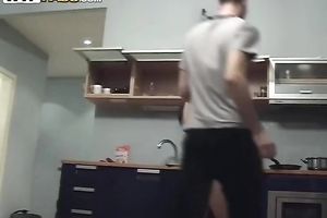 Petite brunette hair white bitch makes breakfast for her boy wearing underware