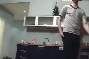 Petite brunette hair white bitch makes breakfast for her boy wearing underware