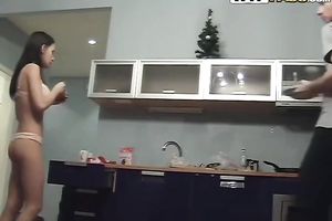 Petite brunette hair white bitch makes breakfast for her boy wearing underware