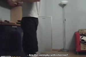 Petite brunette hair white bitch makes breakfast for her boy wearing underware