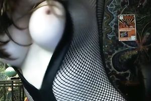 Curly haired eye catching nerdy dark brown hottie was teasing herself with toy