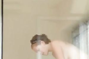 Magnificent and breasty blond honey washed the windows topless