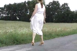 My romantic babe shows off her bawdy soles outdoors