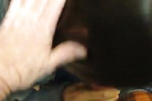 Kinky svelte natural dark head did not mind engulfing my weenie in the crapper