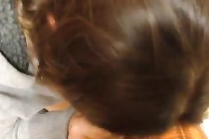 Kinky svelte natural dark head did not mind engulfing my weenie in the crapper