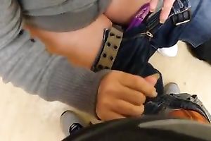 Kinky svelte natural dark head did not mind engulfing my weenie in the crapper