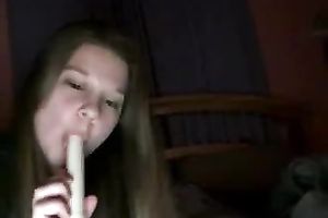 My golden-haired eighteen yo gf flirts with me on cam and plays with vibrator