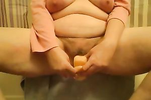Mature white fat slut plugged a biggest marital-device into her muff