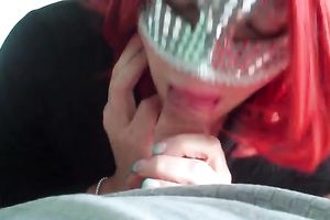 Red haired wench in facial mask giving me deepthroat oral-stimulation