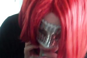 Red haired wench in facial mask giving me deepthroat oral-stimulation