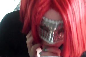 Red haired wench in facial mask giving me deepthroat oral-stimulation