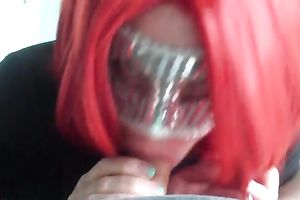 Red haired wench in facial mask giving me deepthroat oral-stimulation