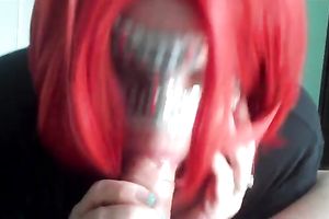 Red haired wench in facial mask giving me deepthroat oral-stimulation