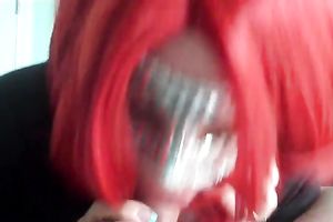 Red haired wench in facial mask giving me deepthroat oral-stimulation