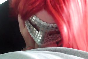 Red haired wench in facial mask giving me deepthroat oral-stimulation