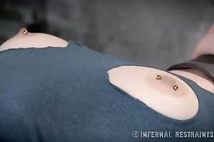 Seductive golden-haired thrall with gag in her face hole waits for unmerciful tortures