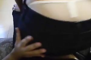 Hot hottie with admirable ass wearing hawt pants sits on her bf's lap