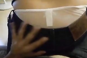 Hot hottie with admirable ass wearing hawt pants sits on her bf's lap