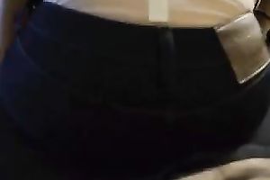 Hot hottie with admirable ass wearing hawt pants sits on her bf's lap