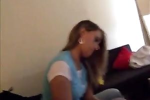 Cute girlfriend grabs my weenie and gives me quick tugjob