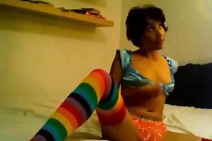 Nasty brunette hair livecam hoe in colorful nylons gives oral-stimulation