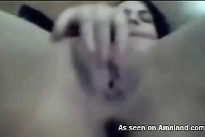 Brunette housewife shows her fur pie closeup on livecam vid