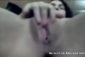 Brunette housewife shows her fur pie closeup on livecam vid