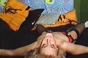 Dirty blond floozy with a fuck me face receives her wet crack worked over