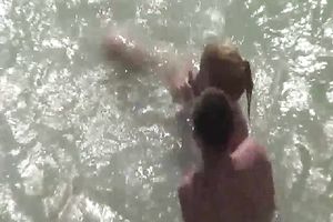 Blonde non-professional white white wife with her boyfriend spied on the beach