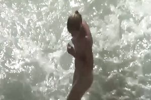 Blonde non-professional white white wife with her boyfriend spied on the beach