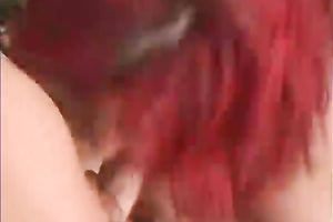 Trashy redhead vixen takes mouthful after engulfing moist penis