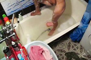 Hot honey takes bathroom and rubs her freshly hairless pussy