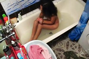 Hot honey takes bathroom and rubs her freshly hairless pussy