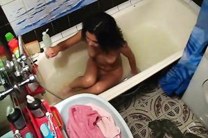 Hot honey takes bathroom and rubs her freshly hairless pussy