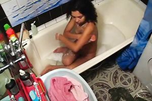 Hot honey takes bathroom and rubs her freshly hairless pussy
