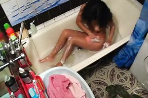 Hot honey takes bathroom and rubs her freshly hairless pussy