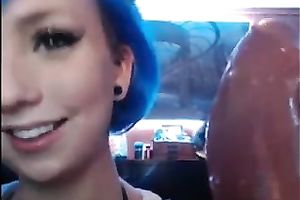 Blue haired cutie sucked her giant sex toy to take my weenie hard