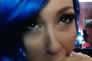 Blue haired cutie sucked her giant sex toy to take my weenie hard