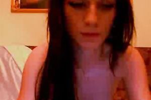 Cute and carnal juvenile brunette hair topless on the sofa in front of cam