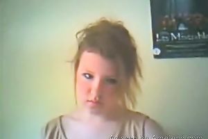 Slim dilettante chick in denim petticoat flashes her tasty scoops