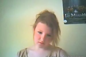 Slim dilettante chick in denim petticoat flashes her tasty scoops