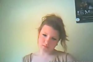 Slim dilettante chick in denim petticoat flashes her tasty scoops